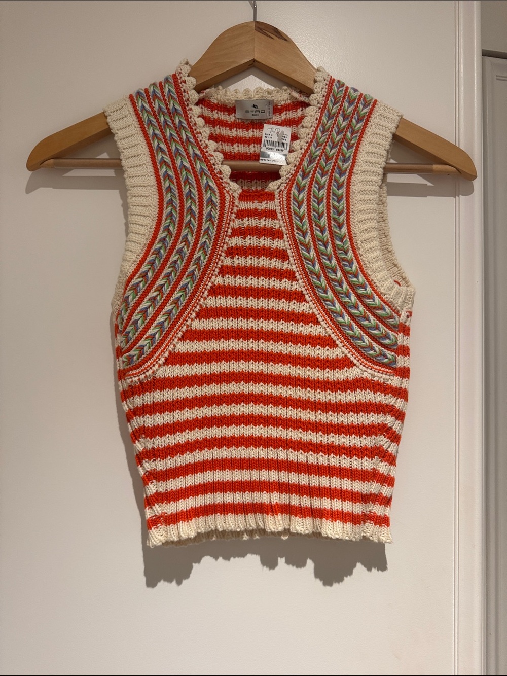 Etro Striped Knit Tank Top in Cream and Red with Multicolor Braid